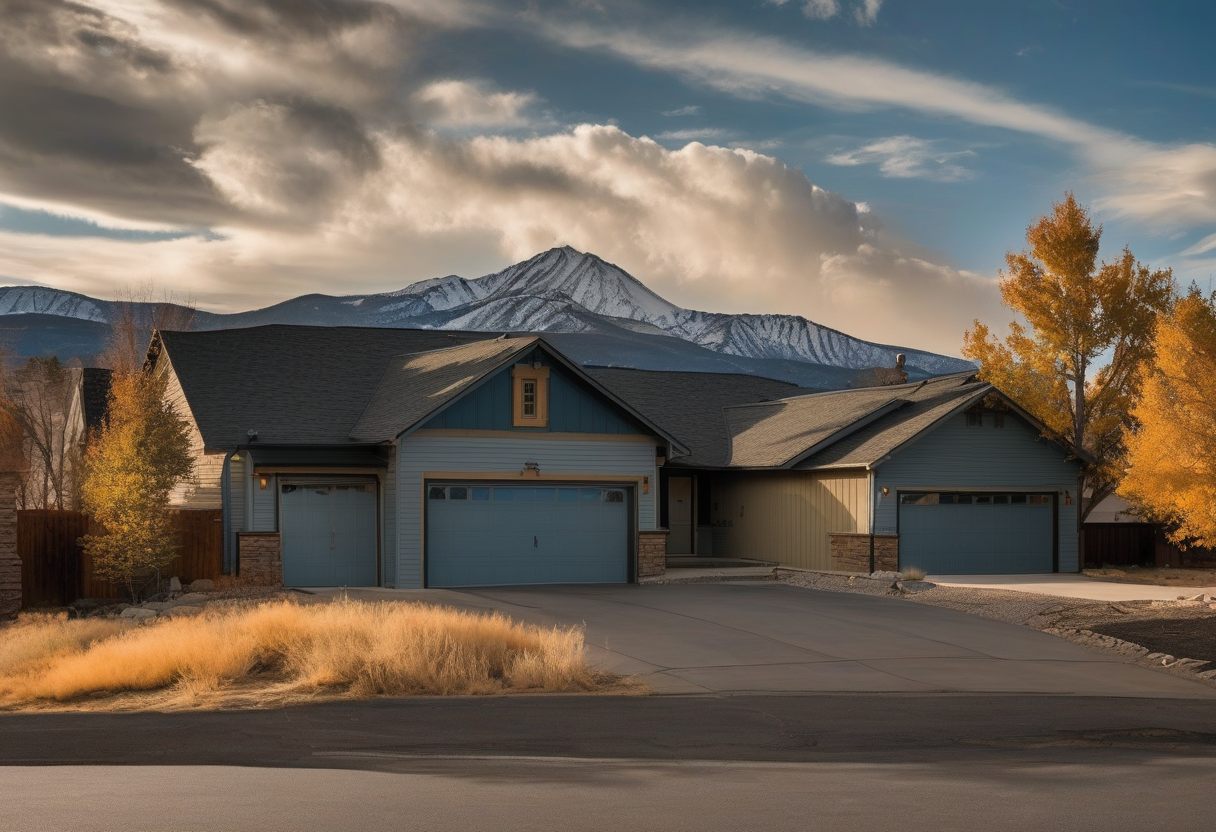 A suburban home with a gray asphalt shingle roof and three garage doors, with snow-capped mountains behind it and golden autumn trees and dry grass in front.