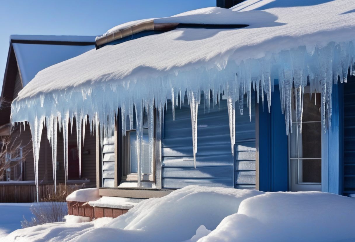 Heavy snow on a house roof with a thick row of icicles hanging from the roof edge above blue siding and windows.
