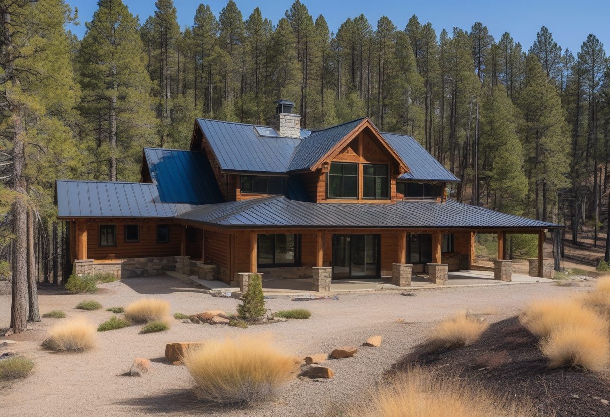 A log-sided mountain home with a dark standing-seam metal roof, surrounded by a cleared gravel yard and dry grasses in a ponderosa pine forest.