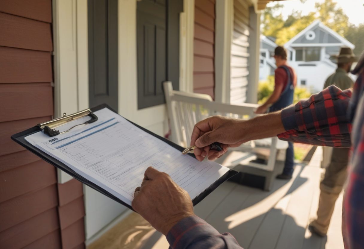 Over-the-shoulder view of hands holding a clipboard with a printed estimate while another person points to a line with a pen on a front porch.