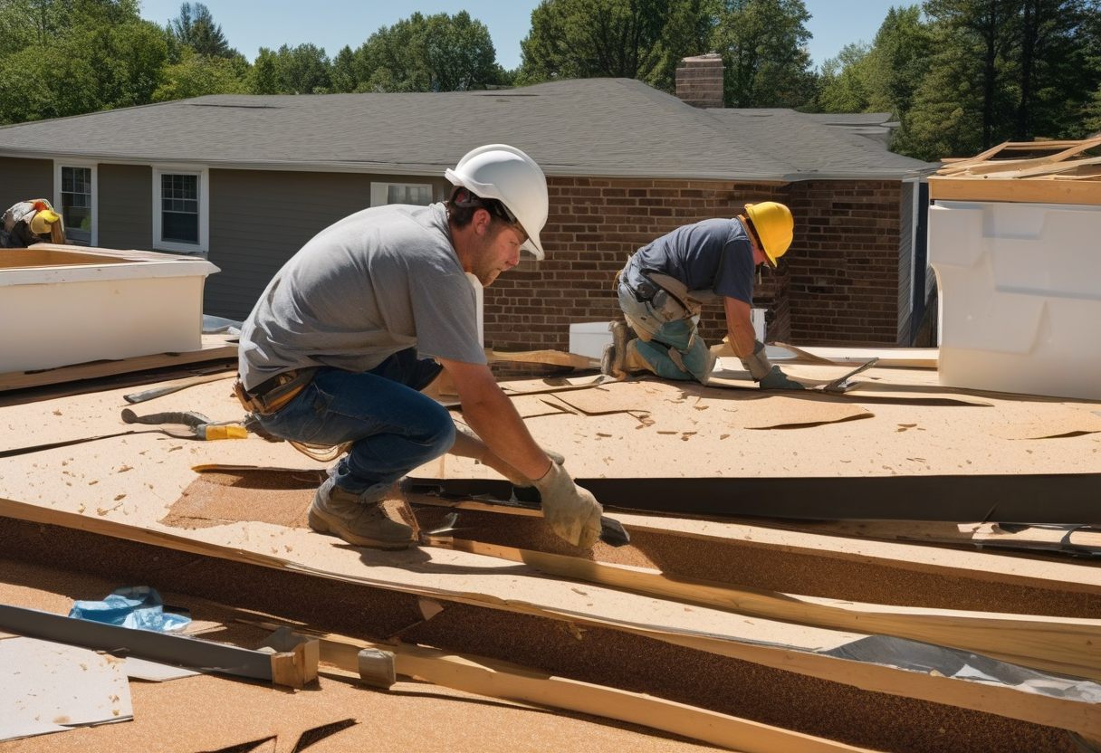Two roofers in hard hats kneel on a roof stripped down to its wood deck, with torn roofing material and debris around them.