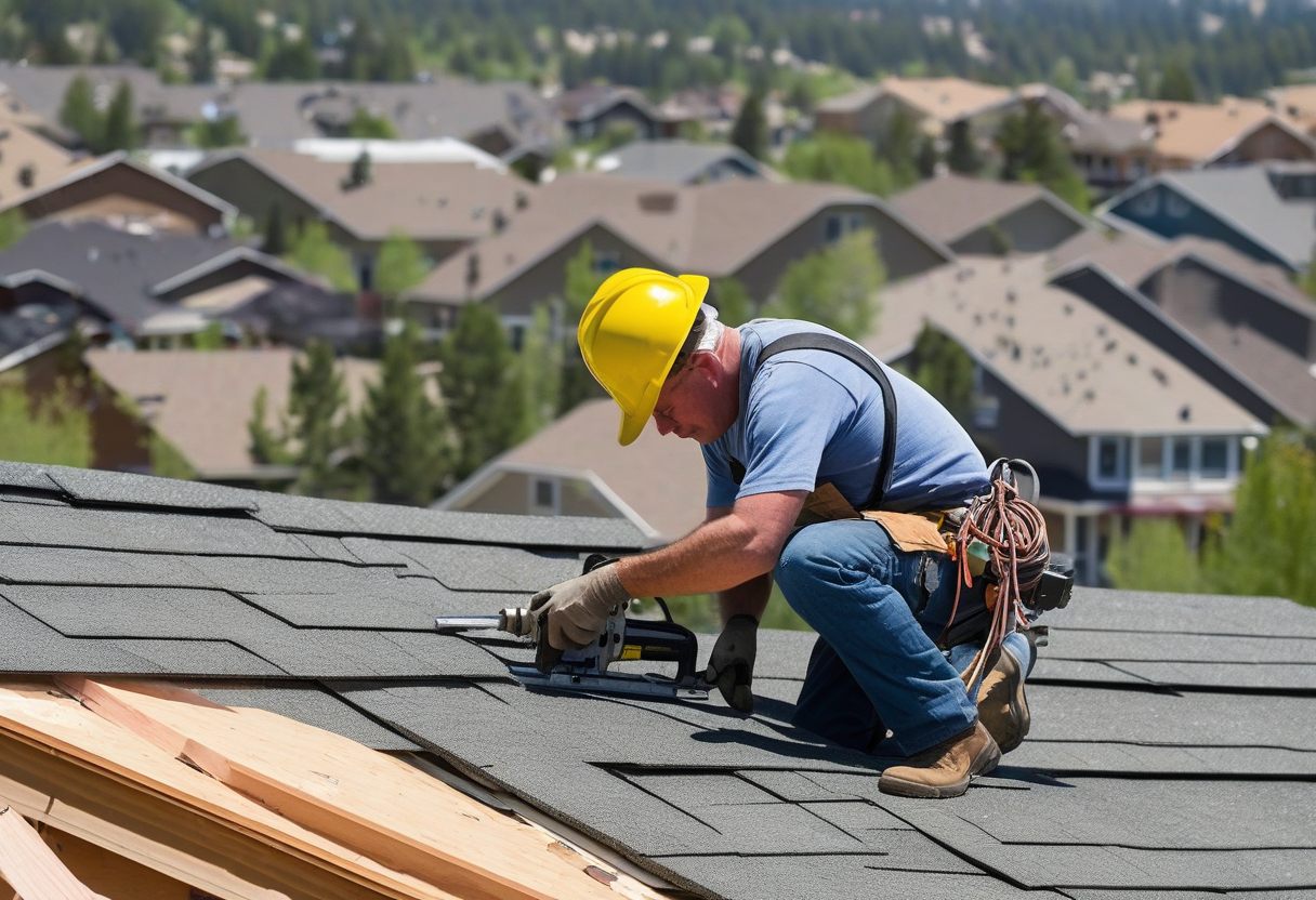 A roofer in a yellow hard hat and work gloves kneels on a gray shingle roof, fastening shingles with a nail gun, with a neighborhood and pine-covered hills behind him.